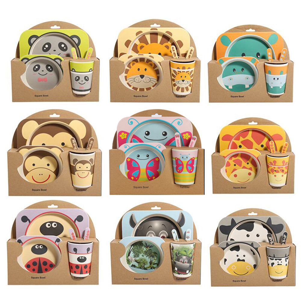 5-Piece Natural Bamboo Fiber Kids Tableware Set – Eco-Friendly Baby & Toddler Feeding Set